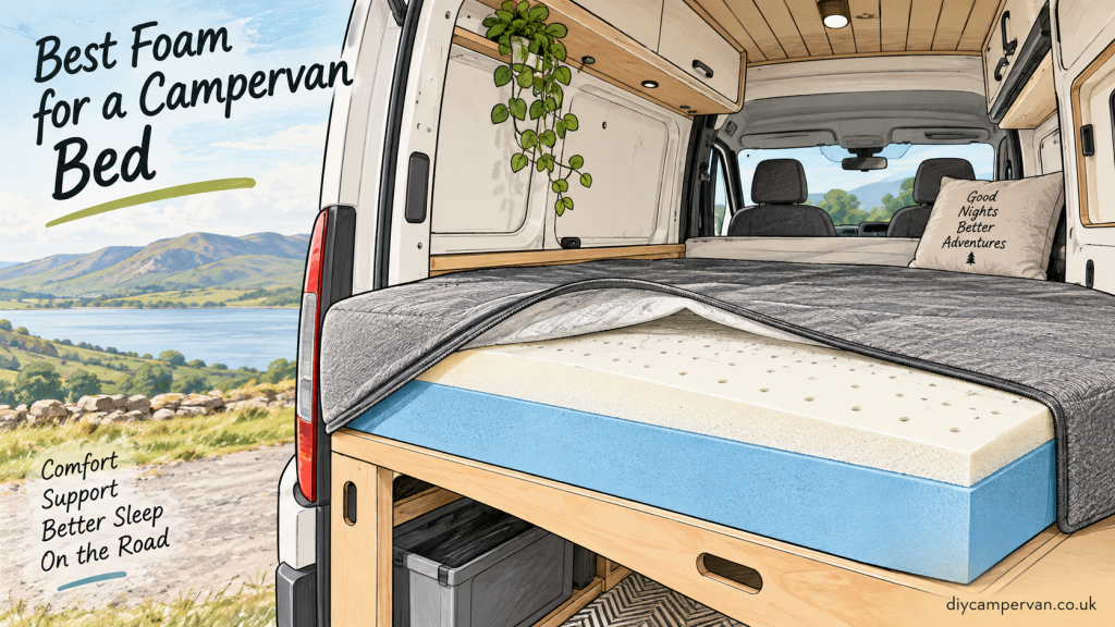 Campervan bed under construction with upholstery foam layers and cutting tools